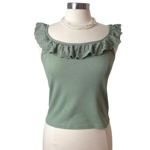 American Eagle Womens Ribbed Cropped  Tank M Green Eyelet Ruffle Knit Top